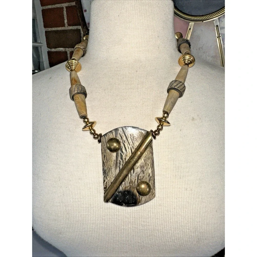 Vintage Tribal Pendant Necklace Women 20in Tan Gold Brutalist Boho Statement